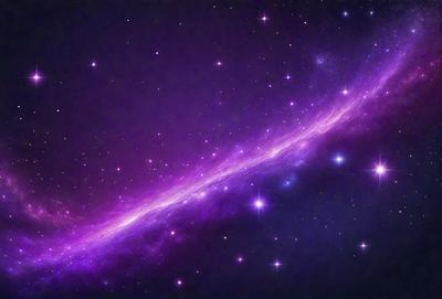 The primary subject of the image is a purple nebula, which is a large, diffuse cloud of gas and dust in space. The setting is a dark, starry sky, with the nebula as the main focus. The visual style is a combination of a photo and digital art, creating a unique and captivating image. The colors and mood of the image are predominantly purple, giving it a serene and celestial atmosphere.