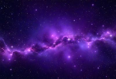 The primary subject of the image is a purple nebula, which is a cloud of gas and dust in space. The setting is a dark, star-filled sky, with the purple nebula as the main focus. The visual style is a combination of a photo and digital art, creating a unique and captivating image. The dominant colors are purple and blue, giving the scene a serene and celestial atmosphere.
