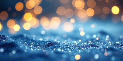 The primary subject of the image is a close-up of a blue background with a pattern of glittering lights. The setting appears to be a nighttime scene, possibly a night sky or a dark room with a light source. The visual style of the image is a combination of a photo and digital art, creating a unique and captivating effect. The colors and mood of the image are predominantly blue, with the glittering lights adding a sense of depth and movement to the scene.