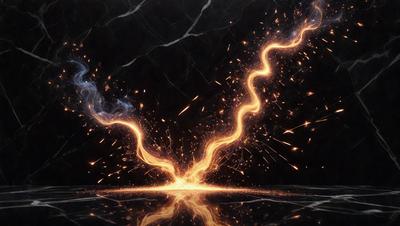 The primary subject of the image is a bright, yellow, and orange light source, which appears to be a fire or a lightning bolt. The light source is located in the center of the image, and it is surrounded by a dark background. The visual style of the image is a combination of a photo and digital art, as it captures the vibrant colors and dynamic nature of the light source. The colors and mood of the image are energetic and captivating, with the bright light source standing out against the
