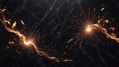 The primary subject of the image is a firework display, with two fireworks exploding in the air. The setting is a dark background, which contrasts with the bright colors of the fireworks. The visual style is a combination of a photo and digital art, creating a dynamic and eye-catching scene. The colors and mood of the image are energetic and lively, as the fireworks create a vibrant and exciting atmosphere.