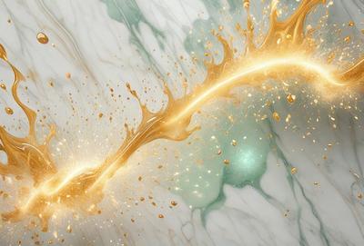 The primary subject of the image is a stream of gold glitter, which is the main focus of the scene. The setting is a marble surface, and the visual style appears to be a digital art or illustration. The colors in the image are predominantly gold, creating a warm and luxurious atmosphere.