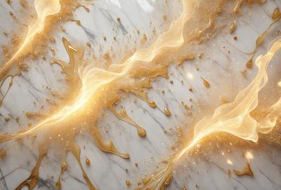 The primary subject of the image is a close-up of a marble countertop with a golden, flowing substance, possibly a sauce or a liquid, dripping onto it. The setting is a kitchen or a dining area, as the countertop is a prominent feature in the scene. The visual style is a combination of a photo and digital art, as the golden substance appears to be digitally manipulated. The colors and mood of the image are warm and inviting, with the golden substance creating a sense