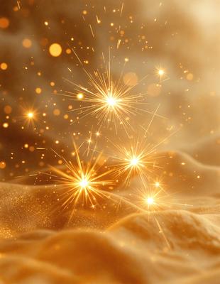 The primary subject of the image is a close-up of a sparkling, golden surface, possibly a piece of cloth or a wall. The setting is a room with a yellow background, which adds to the warm and inviting atmosphere. The visual style is a combination of a photo and digital art, creating a unique and eye-catching effect. The dominant colors are yellow and gold, which evoke a sense of warmth and celebration.