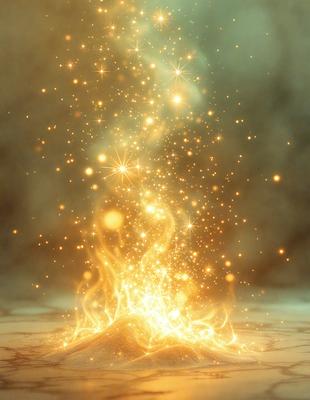 The primary subject of the image is a bright, colorful, and sparkling light, which appears to be a firework or a light source with a golden glow. The setting is a dark background, which contrasts with the bright light, creating a visually striking scene. The visual style of the image is a combination of a photo and digital art, as it captures the vibrant colors and sparkling effect of the light source. The colors and mood of the image are predominantly warm and luminous, with