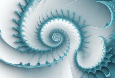The primary subject of the image is a spiral-shaped blue object, which appears to be a digital art or illustration. The setting is a white background, and the visual style is a combination of photo and digital art. The colors and mood of the image are predominantly blue, creating a calm and serene atmosphere.