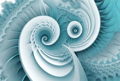 The primary subject of the image is a spiral design, which is a blue and white pattern. The setting is a spiral staircase, and the visual style is digital art. The colors and mood of the image are predominantly blue and white, creating a sense of depth and intricacy in the design.