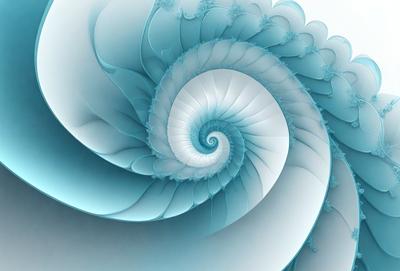 The primary subject of the image is a spiral-shaped object, possibly a shell or a piece of art, with a blue and white color scheme. The setting is a white background, which provides a clean and minimalistic appearance. The visual style is a combination of digital art and illustration, creating a unique and intricate design. The colors and mood of the image are predominantly blue and white, giving it a calm and serene atmosphere.