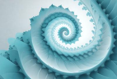 The primary subject of the image is a spiral-shaped blue object, which appears to be a digital art or illustration. The setting is a white background, and the visual style is a combination of photo and digital art. The colors and mood of the image are predominantly blue, creating a calm and serene atmosphere.