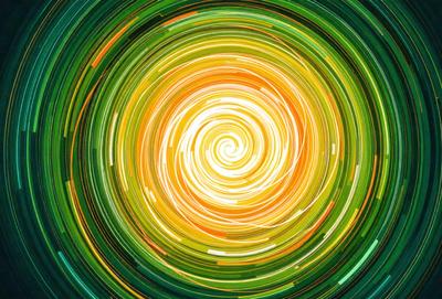 The primary subject of the image is a bright, colorful spiral, which appears to be a sun or a light source. The spiral is surrounded by a vibrant green background, giving the scene a lively and energetic atmosphere. The visual style of the image is a combination of photo and digital art, creating a unique and captivating appearance. The dominant colors in the image are green and yellow, which are prevalent in the spiral and the background, respectively.