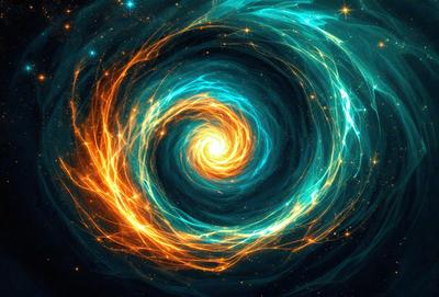 The primary subject of the image is a swirling, spiraling, and colorful pattern, which appears to be a digital art or illustration. The setting is a dark background, which contrasts with the vibrant colors of the swirling pattern. The visual style is a combination of digital art and illustration, creating a unique and captivating image. The colors and mood of the image are predominantly orange and blue, giving it a warm and inviting atmosphere.