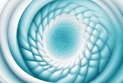 The primary subject of the image is a spiral, which is the main object, scene, or focus of the image. The spiral is set against a blue background, giving it a vibrant and lively appearance. The visual style of the image is digital art, as it is a computer-generated representation of the spiral. The dominant colors in the image are blue and white, creating a sense of depth and movement.