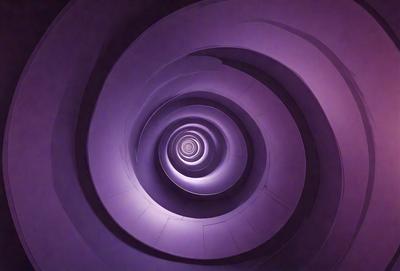 The primary subject of the image is a spiral staircase, which is the main object, scene, or focus of the image. The staircase is set against a purple background, giving it a unique and striking appearance. The visual style of the image is a combination of photo and digital art, creating a visually appealing and intriguing scene. The colors and mood of the image are predominantly purple, which adds to the overall atmosphere and aesthetic of the spiral staircase.