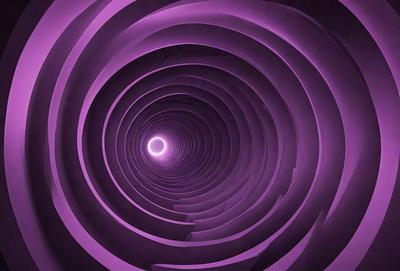The primary subject of the image is a spiral tunnel, which appears to be a part of a purple tunnel. The setting is a dark, purple-colored environment, which gives the scene a mysterious and intriguing atmosphere. The visual style of the image is a combination of photo and digital art, creating a unique and captivating representation of the spiral tunnel. The dominant colors in the image are purple and black, which contribute to the overall mood of the scene.