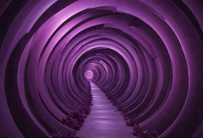 The primary subject of the image is a purple tunnel with a circular opening. The tunnel is surrounded by a purple light, creating a unique and visually striking scene. The setting is a tunnel-like structure, and the visual style appears to be a combination of a photo and digital art. The dominant colors in the image are purple and pink, giving the scene a calming and surreal atmosphere.