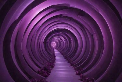 The primary subject of the image is a purple tunnel with a circular opening. The tunnel is surrounded by a purple light, creating a unique and visually striking scene. The setting is a tunnel-like structure, and the visual style appears to be a combination of a photo and digital art. The dominant colors in the image are purple and pink, giving the scene a calming and surreal atmosphere.