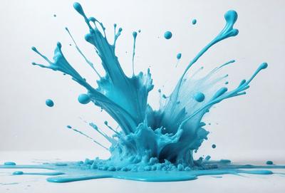 The primary subject of the image is a blue, swirling, and splashing liquid, which appears to be a blue paint or a blue substance. The setting is a white background, which provides a clean and uncluttered environment for the blue liquid to be the main focus. The visual style of the image is a close-up of the blue substance, showcasing its vibrant color and dynamic movement. The overall atmosphere of the image is energetic and dynamic, with the blue liquid capturing the vie