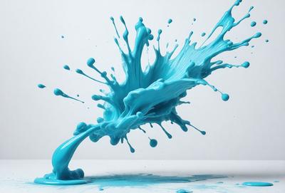 The primary subject of the image is a blue, swirling, and splashing liquid, which appears to be a blue paint or a blue substance. The setting is a white surface, possibly a table or a wall, where the blue substance is splashing and spreading. The visual style of the image is a close-up of the blue substance, showcasing its vibrant color and dynamic movement. The overall atmosphere of the image is energetic and dynamic, with the blue substance creating a sense