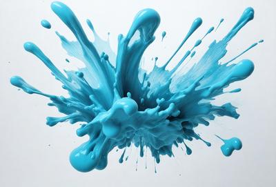 The primary subject of the image is a blue, swirling, and splashing blob of paint. The setting is a white background, which provides a clean and uncluttered environment for the artwork. The visual style is a combination of digital art and illustration, as the blob of paint appears to be a digital creation. The colors and mood of the image are predominantly blue, creating a sense of calmness and tranquility.