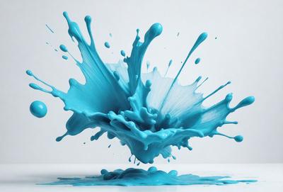 The primary subject of the image is a blue, swirling, and splashing liquid, which appears to be a mix of paint and water. The setting is a white surface, likely a table or a wall, where the liquid is splashing and creating a visually striking scene. The visual style of the image is a combination of digital art and illustration, as the blue liquid is depicted in a dynamic and artistic manner. The colors and mood of the image are predominantly blue, creating a sense of calm