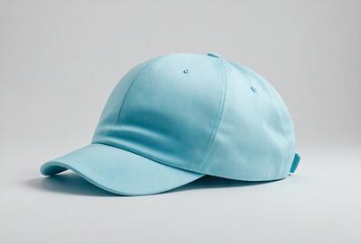 The primary subject of the image is a blue hat. The hat is placed on a white background, which creates a clean and minimalist appearance. The visual style of the image is a photo, showcasing the hat's details and texture. The colors and mood of the image are predominantly blue, giving it a calm and soothing atmosphere.