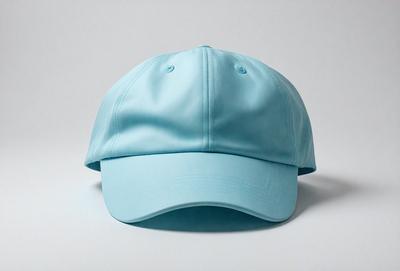 The primary subject of the image is a blue baseball cap. The cap is placed on a white background, which provides a clean and uncluttered appearance. The visual style of the image is a close-up of the cap, showcasing its details and texture. The dominant colors in the image are blue and white, creating a calm and soothing atmosphere.