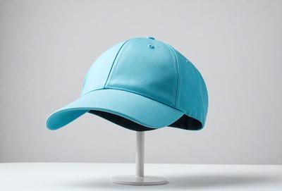 The primary subject of the image is a blue hat. The hat is placed on a white mannequin, which is the main object in the scene. The setting is a white background, and the visual style is a photo. The dominant colors in the image are blue and white, creating a calm and clean atmosphere.