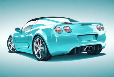 The primary subject of the image is a blue sports car. The setting is a blue background, which creates a striking contrast with the car's color. The visual style is digital art, as the car is depicted in a stylized manner. The colors and mood of the image are vibrant and energetic, with the blue sports car being the main focus and drawing attention.