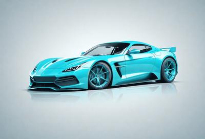 The primary subject of the image is a blue sports car, which is the main focus of the scene. The car is parked on a white surface, which serves as the background. The visual style of the image is digital art, as it is a computer-generated image. The dominant colors in the image are blue and white, creating a sleek and modern atmosphere.