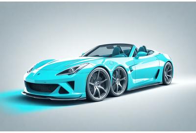 The primary subject of the image is a blue sports car, which is the main focus of the scene. The car is parked on a surface that appears to be a digital art or illustration, giving the image a unique visual style. The dominant colors in the image are blue and white, creating a vibrant and energetic atmosphere.