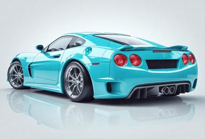 The primary subject of the image is a blue sports car. The setting is a white background, which provides a clean and minimalist appearance. The visual style is digital art, as the car is depicted in a stylized manner. The dominant colors are blue and white, creating a sense of speed and elegance.