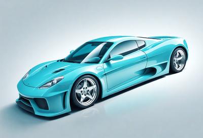 The primary subject of the image is a blue sports car. The car is parked on a white surface, which creates a contrast with the blue color of the car. The setting appears to be a studio or a controlled environment, as the car is positioned in a way that highlights its design and features. The visual style of the image is digital art, as it is a computer-generated or digitally rendered image. The dominant colors in the image are blue and white, creating a sense of speed and sophistication.