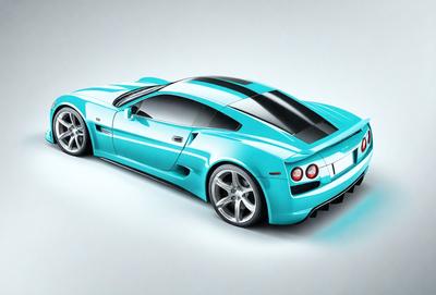 The primary subject of the image is a blue sports car. The car is prominently displayed in the foreground, with its sleek design and vibrant color making it the focal point of the scene. The setting is a white background, which provides a clean and minimalist backdrop for the car. The visual style of the image is a digital art or illustration, showcasing the car's design and details in a realistic and appealing manner. The colors and mood of the image are predominantly blue