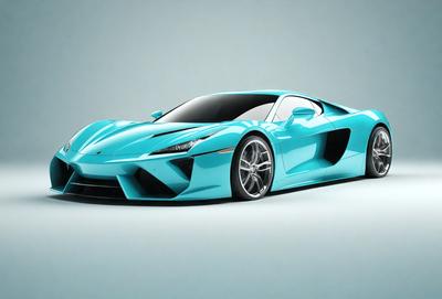 The primary subject of the image is a blue sports car, which is the main object, scene, or focus of the image. The setting/background features a blue sky, which adds to the overall atmosphere. The visual style of the image is a photo, showcasing the car in a realistic manner. The dominant colors in the image are blue and white, creating a sense of speed and excitement.