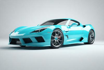 The primary subject of the image is a blue sports car. The setting is a white background, which provides a clean and uncluttered environment for the car. The visual style is digital art, as the car is depicted in a 3D rendering. The dominant colors are blue and white, creating a sleek and modern appearance. The overall atmosphere is one of speed and sophistication, as the car is showcased in a high-quality, detailed rendering.