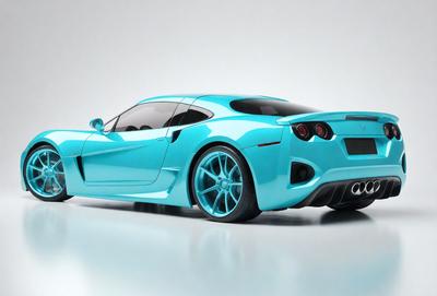 The primary subject of the image is a blue sports car. The car is parked on a white surface, which creates a contrast with the blue color of the car. The setting appears to be a studio or a controlled environment, as the car is not in a natural outdoor setting. The visual style of the image is a combination of photo and digital art, as it captures the details of the car while also having a stylized appearance. The colors and mood of the image are predominantly blue, giving it a cool and