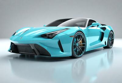 The primary subject of the image is a blue sports car, which is the main focus of the scene. The car is parked on a white surface, which creates a contrast with the blue color of the car. The visual style of the image is digital art, as it appears to be a computer-generated or digitally rendered image. The dominant colors in the image are blue and white, giving the scene a clean and modern appearance.