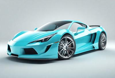 The primary subject of the image is a blue sports car. The setting is a gray background, which provides a contrasting backdrop for the car. The visual style is digital art, as the car is depicted in a 3D rendering. The dominant colors are blue and gray, creating a sleek and modern appearance for the sports car.