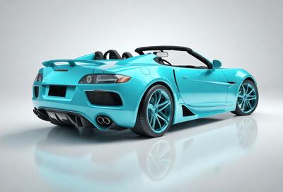 The primary subject of the image is a blue sports car with a convertible top. The car is parked on a white surface, which gives it a clean and modern appearance. The visual style of the image is digital art, as it is a computer-generated image. The dominant colors in the image are blue and white, creating a sleek and stylish look.