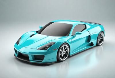 The primary subject of the image is a blue sports car. The car is parked on a blue surface, which could be a wall or a background. The visual style of the image is a photo, showcasing the car's sleek design and vibrant color. The dominant colors in the image are blue and white, creating a sense of speed and excitement.