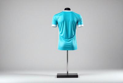 The primary subject of the image is a mannequin wearing a blue shirt. The mannequin is standing on a stand, and the shirt appears to be a jersey. The setting is a white background, which provides a clean and minimalist appearance. The visual style is a combination of digital art and illustration, as the mannequin is depicted in a realistic manner. The colors and mood of the image are predominantly blue, giving it a calm and soothing atmosphere.