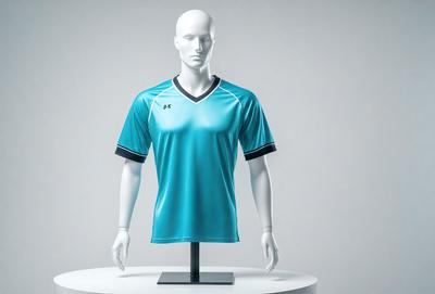 The primary subject of the image is a mannequin wearing a blue shirt. The mannequin is standing on a white pedestal, which serves as the background. The visual style of the image is a photo, and the dominant colors are blue and white. The overall atmosphere of the image is clean and professional.