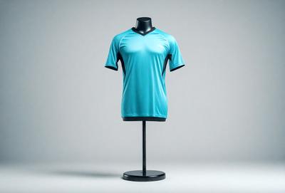 The primary subject of the image is a blue shirt displayed on a mannequin. The shirt is a short-sleeved, blue polo shirt with a collar. The setting is a white background, which provides a clean and uncluttered look. The visual style is a close-up of the shirt on the mannequin, showcasing the design and color of the shirt. The colors and mood of the image are predominantly blue, giving it a calm and soothing atmosphere.