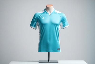 The primary subject of the image is a man's blue shirt, which is displayed on a mannequin. The shirt is a short-sleeved, light blue polo shirt with a white collar. The setting is a white background, which provides a clean and uncluttered environment for the display. The visual style is a close-up of the shirt, showcasing its design and details. The colors and mood of the image are predominantly blue and white, giving it a clean and