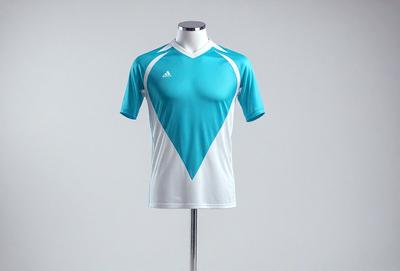 The primary subject of the image is a blue and white shirt, which is displayed on a mannequin. The shirt is a short sleeve, blue and white striped shirt. The setting is a white background, which provides a clean and uncluttered look to the image. The visual style is a close-up of the shirt, showcasing its design and colors. The colors and mood of the image are bright and cheerful, with the blue and white stripes creating a sense of freshness