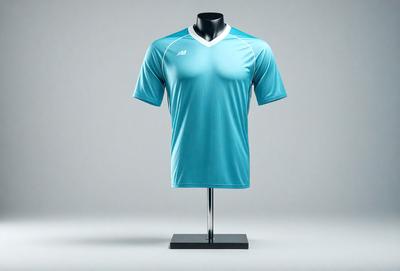 The primary subject of the image is a blue shirt displayed on a mannequin. The shirt is a short-sleeved, blue jersey with a white design. The setting is a white background, which provides a clean and uncluttered appearance. The visual style is a digital illustration, showcasing the shirt in a realistic and detailed manner. The colors and mood of the image are predominantly blue, creating a calm and soothing atmosphere.