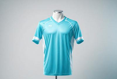Primary subject: A blue shirt with white stripes.
Setting/background: A white background.
Visual style: Digital art.
Colors and mood: Blue and white, with a sporty and athletic vibe.