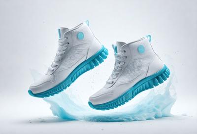 The primary subject of the image is a pair of white sneakers with blue soles. The sneakers are floating in the air, giving the impression of being in mid-air. The setting is a white background, which provides a clean and minimalistic look to the image. The visual style is a combination of photo and digital art, creating a unique and eye-catching effect. The colors and mood of the image are predominantly white and blue, giving it a clean and fresh appearance.