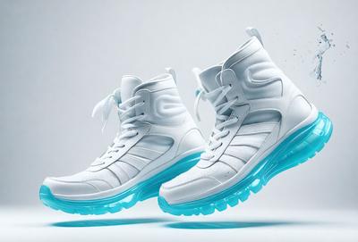The primary subject of the image is a pair of white sneakers with blue accents. The setting is a white background, which creates a clean and minimalist appearance. The visual style is a close-up of the sneakers, showcasing their design and details. The colors and mood of the image are predominantly white and blue, giving it a fresh and modern feel.