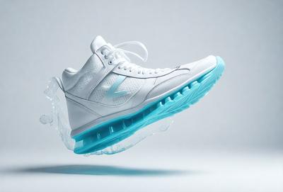 The primary subject of the image is a pair of white sneakers with blue accents. The sneakers are floating in the air, giving the impression of being weightless. The setting is a white background, which provides a clean and minimalistic look to the image. The visual style is a combination of photo and digital art, creating a unique and eye-catching effect. The colors and mood of the image are predominantly white and blue, giving it a clean and fresh appearance.